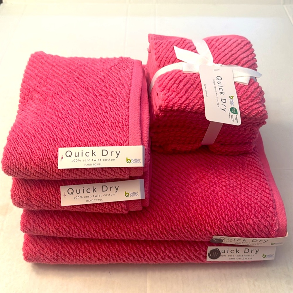 💥10pc QUICK DRY 100% Cotton Zero Twist Cotton Bath Towel Set - Shocking Pink